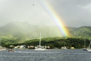 One of Ann's many distractions when she tries to write above decks: view from the cockpit in Dominica