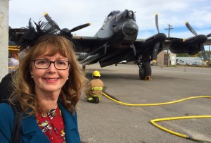 Elinor with Lancaster bomber in Nanton, Alberta.